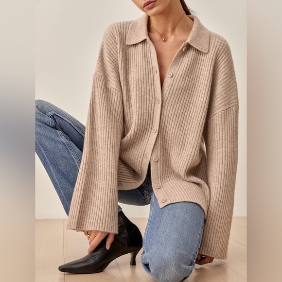 NEW Reformation Fantino Cashmere Collared Cardigan  in Oatmeal | size M - Picture 5 of 12